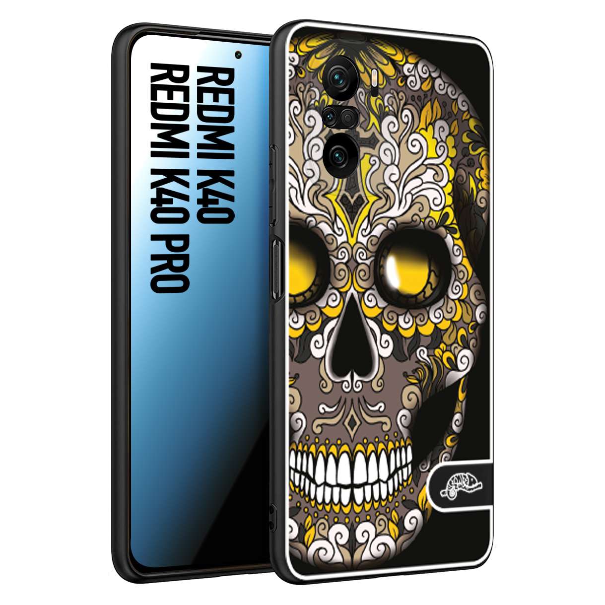 CUSTOMIZZA - Custodia cover nera morbida in tpu compatibile per Xiaomi Redmi K40 - K40 Pro teschio messicano Mexican skull nero giallo