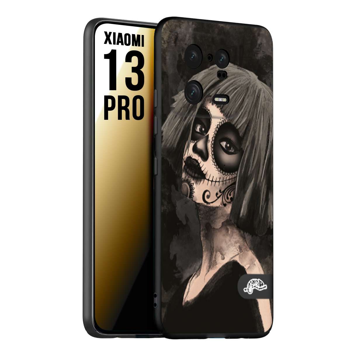 CUSTOMIZZA - Custodia cover nera morbida in tpu compatibile per Xiaomi 13 PRO chicana messicana dea de la muerte donna santa tattoo disegnata