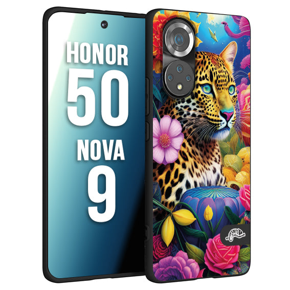 CUSTOMIZZA - Custodia cover nera morbida in tpu compatibile per Huawei Nova 9 - Honor 50 fiori astratti donna flower fantasia leopardo ghepardo animali colorati