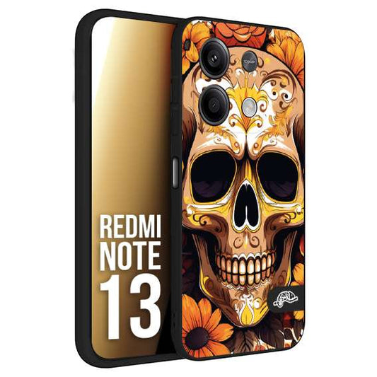 CUSTOMIZZA - Custodia cover nera morbida in tpu compatibile per Xiaomi Redmi Note 13 teschio messicano colorato dorato fiori tattoo disegnato