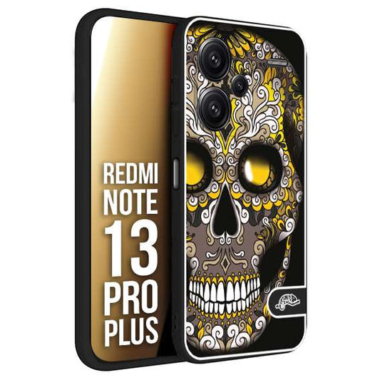 CUSTOMIZZA - Custodia cover nera morbida in tpu compatibile per Xiaomi Redmi Note 13 PRO PLUS teschio messicano Mexican skull nero giallo