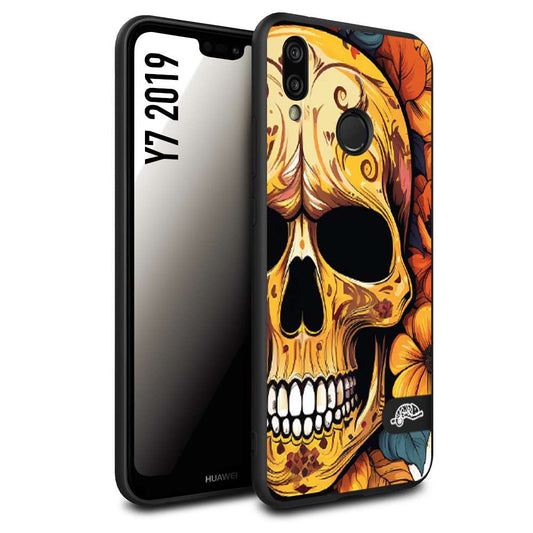 CUSTOMIZZA - Custodia cover nera morbida in tpu compatibile per Huawei Y7 2019 teschio messicano colorato dorato fiori autunnali disegnato