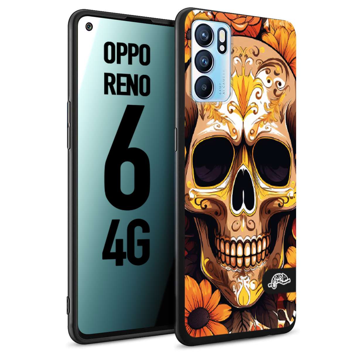 CUSTOMIZZA - Custodia cover nera morbida in tpu compatibile per Oppo Reno 6 4G teschio messicano colorato dorato fiori tattoo disegnato