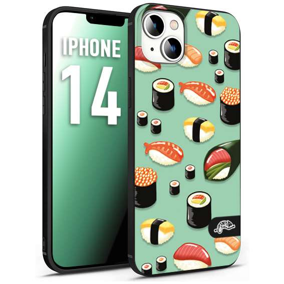 CUSTOMIZZA - Custodia cover nera morbida in tpu compatibile per iPhone 14 sushi disegni giapponese nighiri acquamarina verde