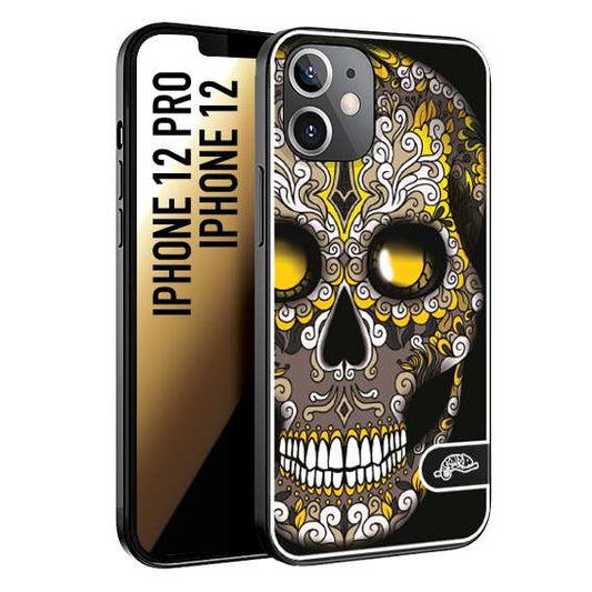 CUSTOMIZZA - Custodia cover nera morbida in tpu compatibile per iPhone 12 - 12 PRO teschio messicano Mexican skull nero giallo