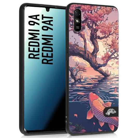 CUSTOMIZZA - Custodia cover nera morbida in tpu compatibile per Xiaomi Redmi 9A - 9AT giapponese lago carpa koi rosa con foglie d'acero disegnata tattoo