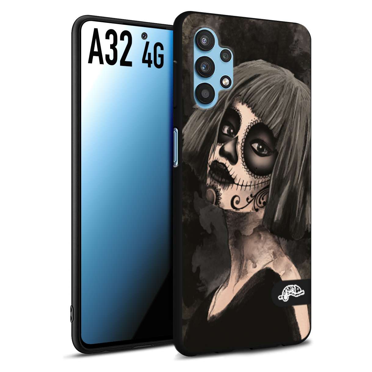 CUSTOMIZZA - Custodia cover nera morbida in tpu compatibile per Samsung A32 4G chicana messicana dea de la muerte donna santa tattoo disegnata