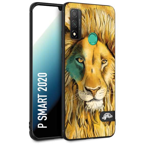 CUSTOMIZZA - Custodia cover nera morbida in tpu compatibile per Huawei P Smart 2020 leone lion disegnato a mano giallo blu a rilievo artistico brown