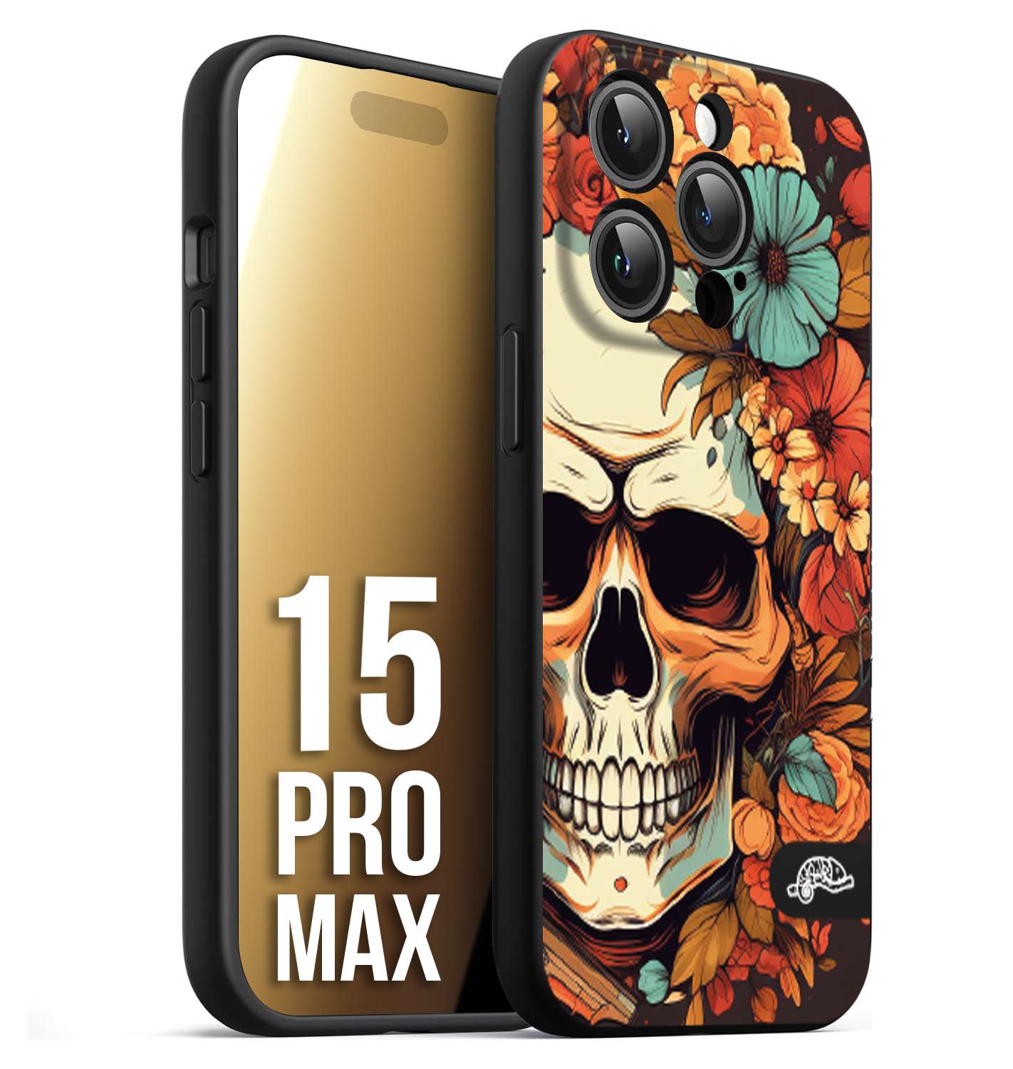 CUSTOMIZZA - Custodia cover nera morbida in tpu compatibile per iPhone 15 PRO MAX teschio skull flowers fiori autunnali arancio celeste tattoo