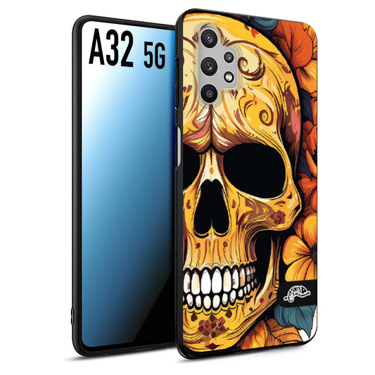 CUSTOMIZZA - Custodia cover nera morbida in tpu compatibile per Samsung A32 5G teschio messicano colorato dorato fiori autunnali disegnato