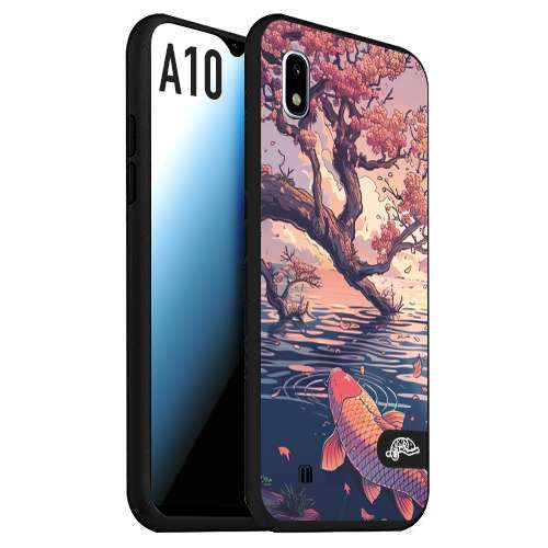 CUSTOMIZZA - Custodia cover nera morbida in tpu compatibile per Samsung A10 giapponese lago carpa koi rosa con foglie d'acero disegnata tattoo