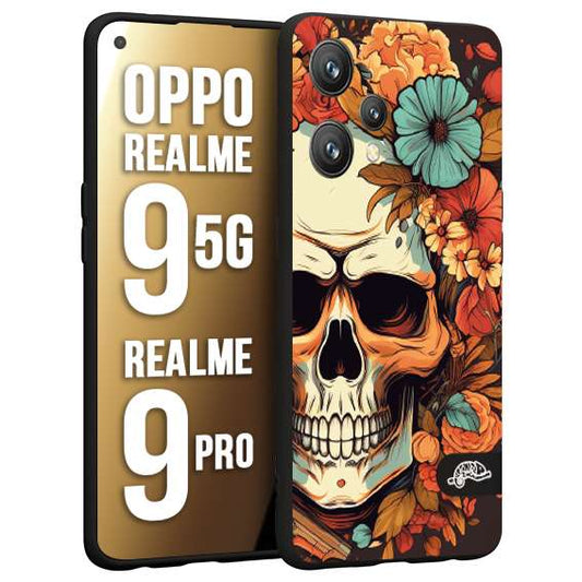CUSTOMIZZA - Custodia cover nera morbida in tpu compatibile per Oppo Realme 9 5G - 9 PRO teschio skull flowers fiori autunnali arancio celeste tattoo