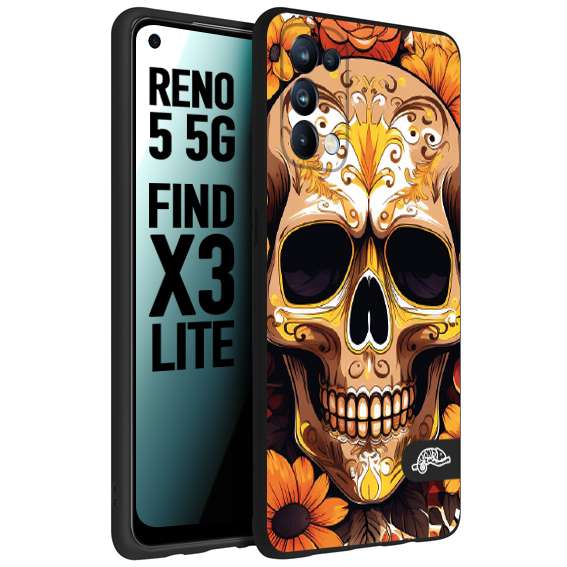 CUSTOMIZZA - Custodia cover nera morbida in tpu compatibile per Oppo Reno 5 5G teschio messicano colorato dorato fiori tattoo disegnato