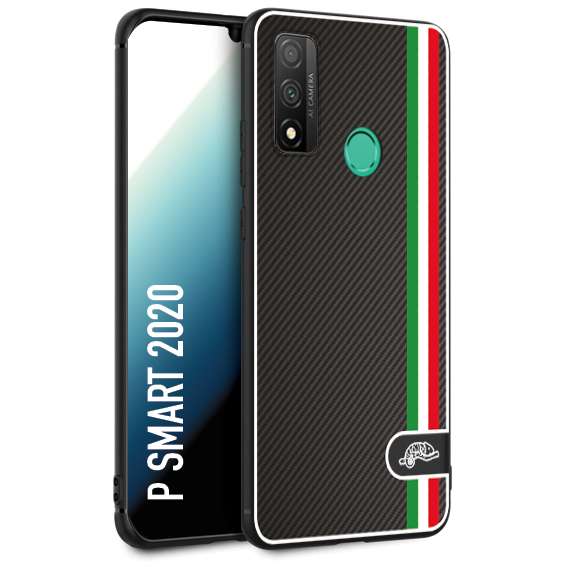 CUSTOMIZZA - Custodia cover nera morbida in tpu compatibile per Huawei P Smart 2020 effetto fibra di carbonio bandiera Italia made in Italy