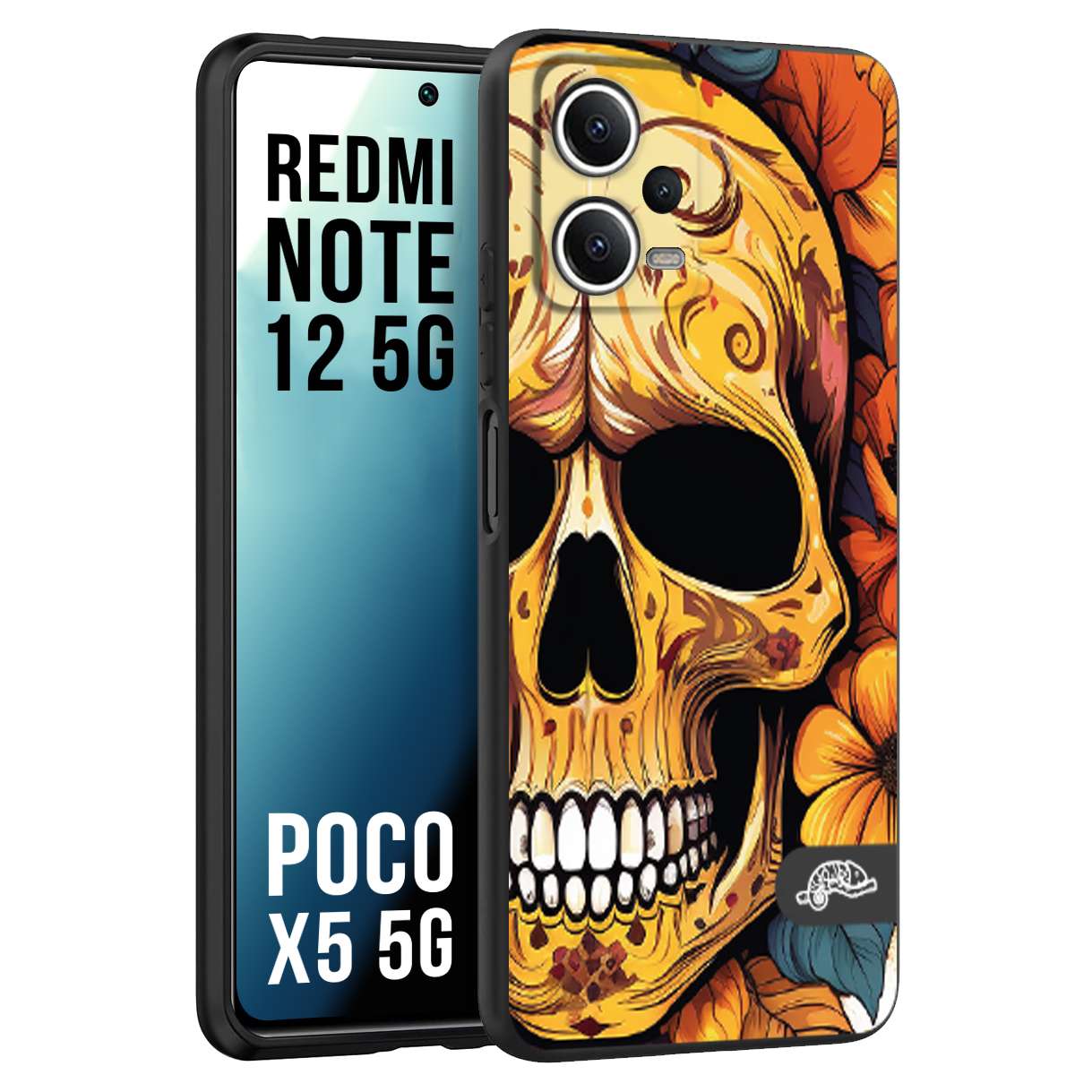 CUSTOMIZZA - Custodia cover nera morbida in tpu compatibile per Xiaomi Redmi Note 12 - POCO X5 5G teschio messicano colorato dorato fiori autunnali disegnato