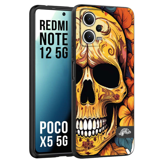 CUSTOMIZZA - Custodia cover nera morbida in tpu compatibile per Xiaomi Redmi Note 12 - POCO X5 5G teschio messicano colorato dorato fiori autunnali disegnato