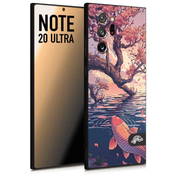 CUSTOMIZZA - Custodia cover nera morbida in tpu compatibile per Samsung NOTE 20 ULTRA giapponese lago carpa koi rosa con foglie d'acero disegnata tattoo