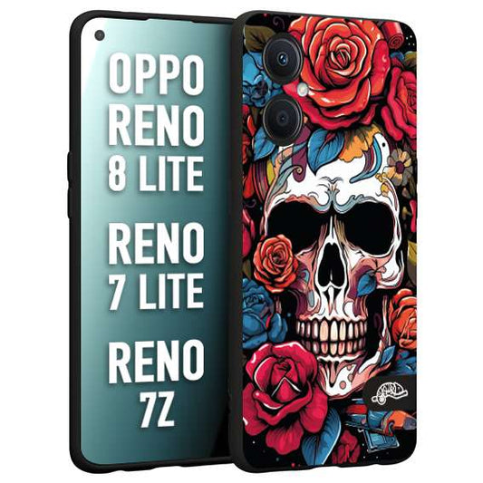 CUSTOMIZZA - Custodia cover nera morbida in tpu compatibile per Oppo Reno 7 Lite - 8 Lite - 7Z teschio skull flowers fiori rose rosse tattoo disegnato
