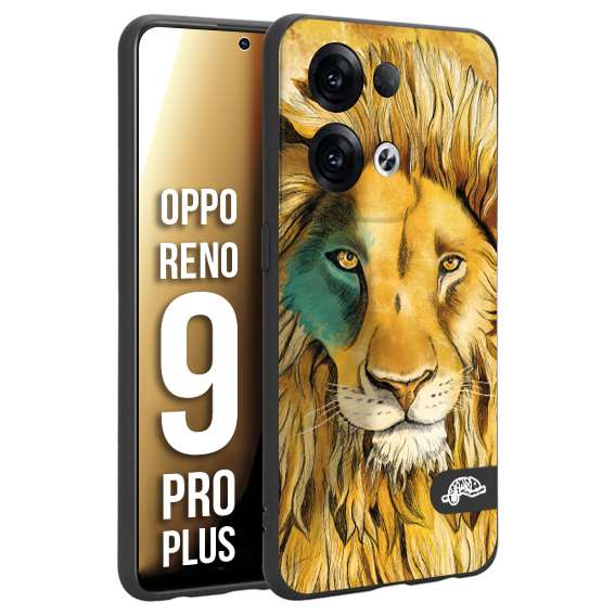 CUSTOMIZZA - Custodia cover nera morbida in tpu compatibile per Oppo Reno 9 PRO PLUS leone lion disegnato a mano giallo blu a rilievo artistico brown