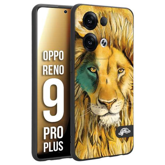 CUSTOMIZZA - Custodia cover nera morbida in tpu compatibile per Oppo Reno 9 PRO PLUS leone lion disegnato a mano giallo blu a rilievo artistico brown