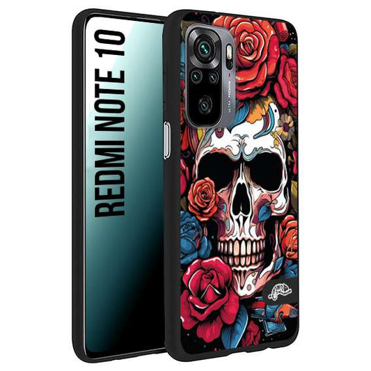 CUSTOMIZZA - Custodia cover nera morbida in tpu compatibile per Xiaomi Redmi Note 10 teschio skull flowers fiori rose rosse tattoo disegnato