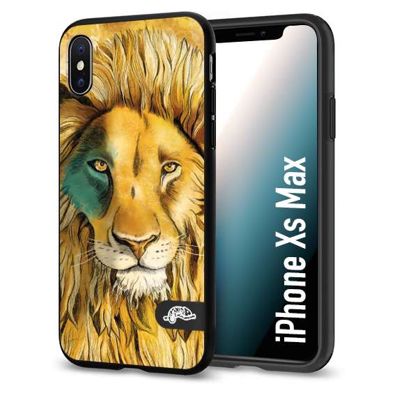 CUSTOMIZZA - Custodia cover nera morbida in tpu compatibile per iPhone Xs Max leone lion disegnato a mano giallo blu a rilievo artistico brown