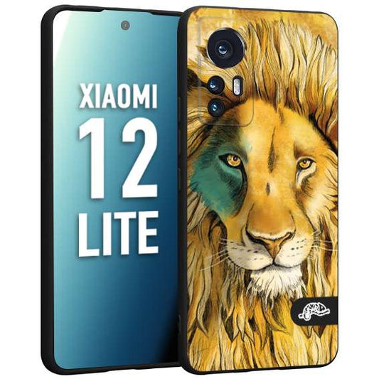 CUSTOMIZZA - Custodia cover nera morbida in tpu compatibile per Xiaomi 12 LITE leone lion disegnato a mano giallo blu a rilievo artistico brown