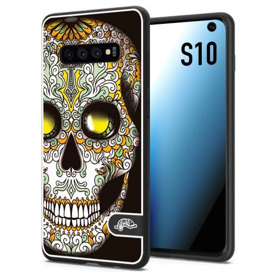 CUSTOMIZZA - Custodia cover nera morbida in tpu compatibile per Samsung S10 teschio messicano Mexican skull bianco verde giallo