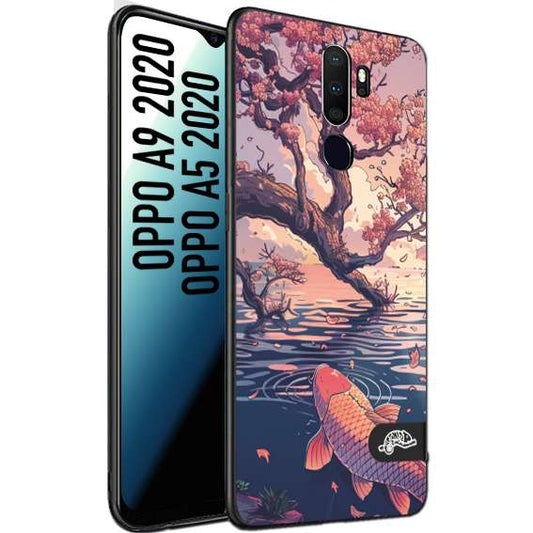 CUSTOMIZZA - Custodia cover nera morbida in tpu compatibile per Oppo A9 2020 - A5 2020 giapponese lago carpa koi rosa con foglie d'acero disegnata tattoo