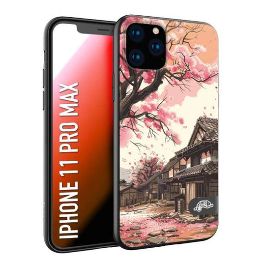 CUSTOMIZZA - Custodia cover nera morbida in tpu compatibile per iPhone 11 PRO MAX casa giapponese rosa ciliegio in fiore disegnata tattoo