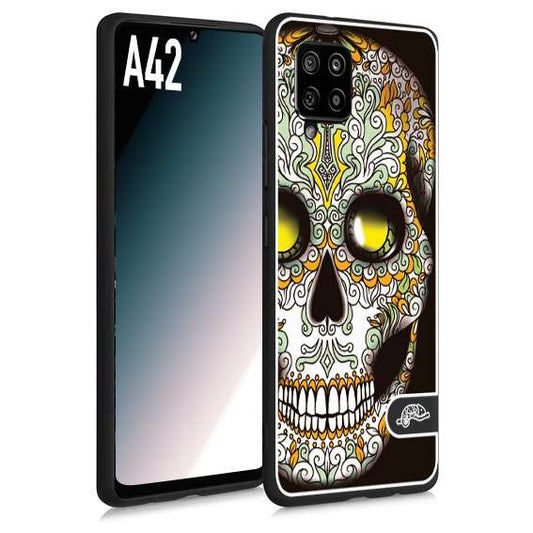 CUSTOMIZZA - Custodia cover nera morbida in tpu compatibile per Samsung A42 teschio messicano Mexican skull bianco verde giallo