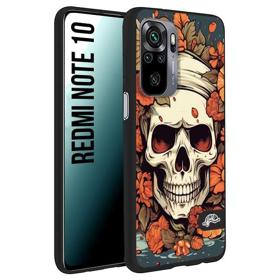 CUSTOMIZZA - Custodia cover nera morbida in tpu compatibile per Xiaomi Redmi Note 10 teschio skull flowers fiori tattoo disegnato alta definizione