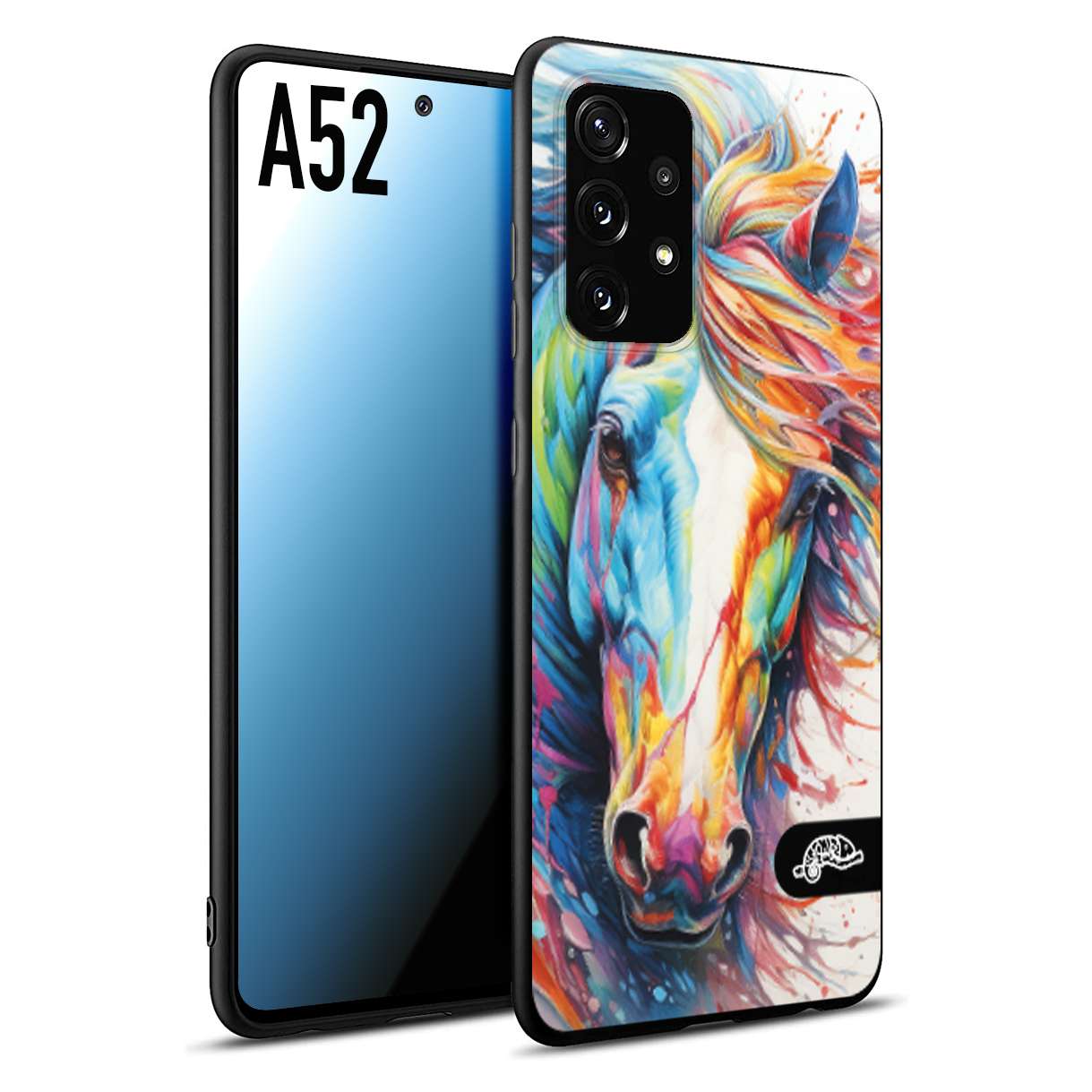 CUSTOMIZZA - Custodia cover nera morbida in tpu compatibile per Samsung A52 animali color cavallo horse viso colori vibranti disegnato schizzo