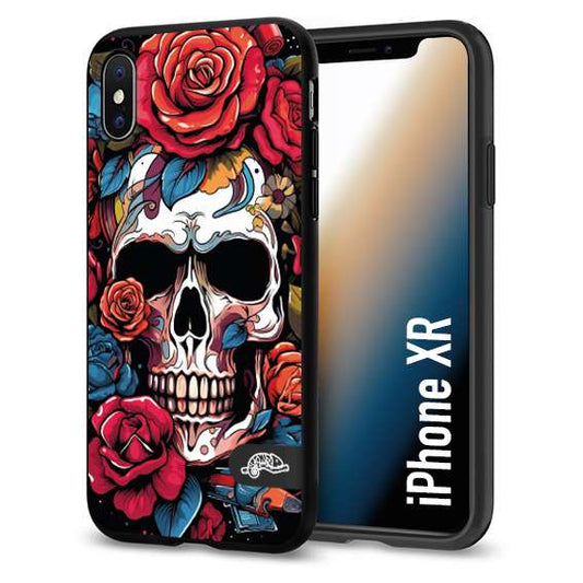 CUSTOMIZZA - Custodia cover nera morbida in tpu compatibile per iPhone Xr teschio skull flowers fiori rose rosse tattoo disegnato