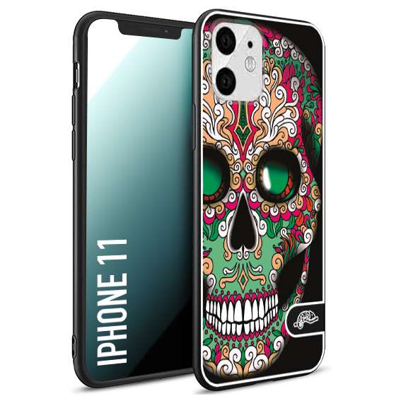 CUSTOMIZZA - Custodia cover nera morbida in tpu compatibile per iPhone 11 teschio messicano Mexican skull verde fucsia