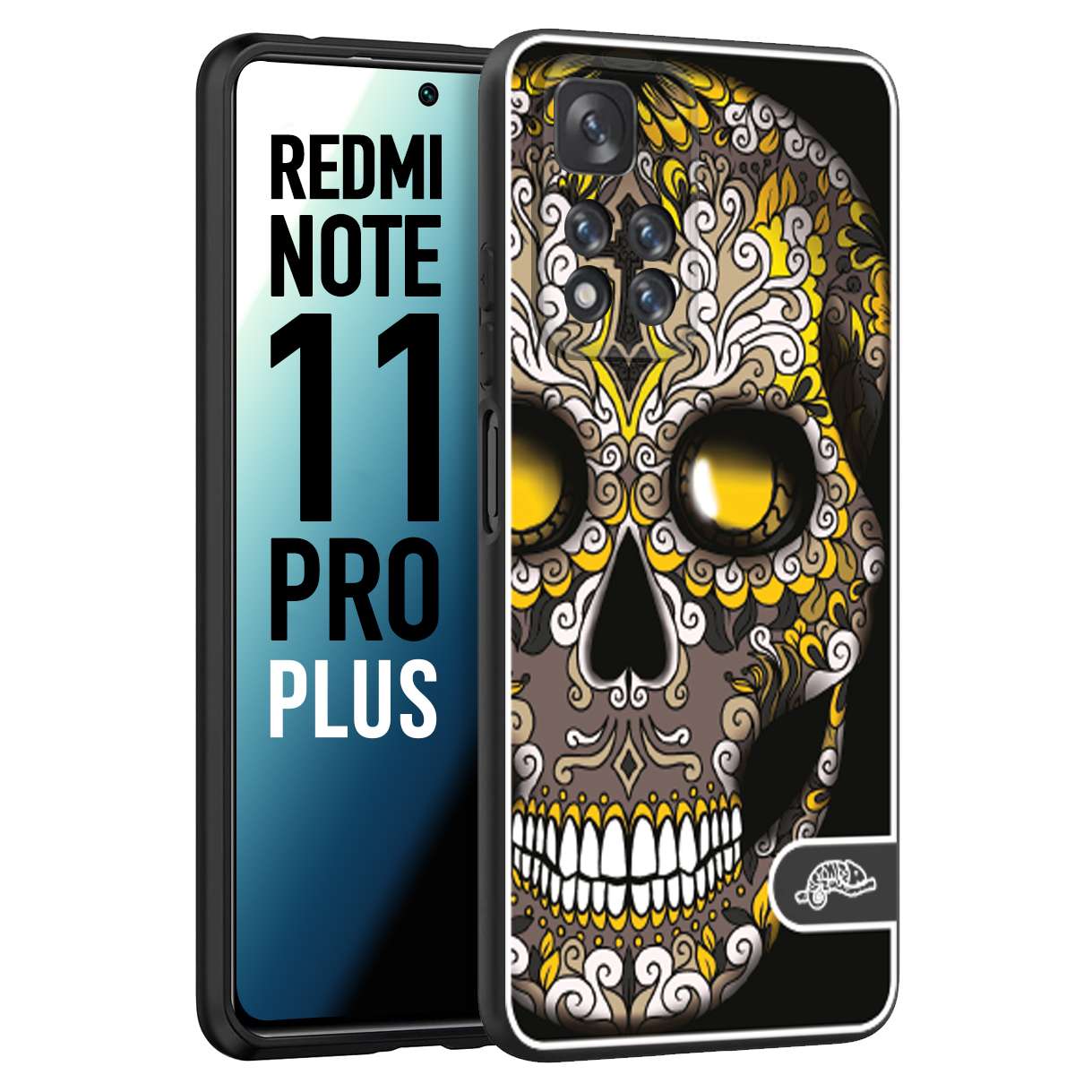 CUSTOMIZZA - Custodia cover nera morbida in tpu compatibile per Xiaomi Redmi Note 11 PRO PLUS teschio messicano Mexican skull nero giallo