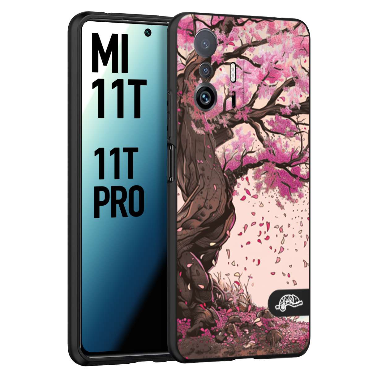 CUSTOMIZZA - Custodia cover nera morbida in tpu compatibile per Xiaomi Mi 11T - Mi 11T PRO giapponese colori morbidi fiori di ciliegio rosa disegnata