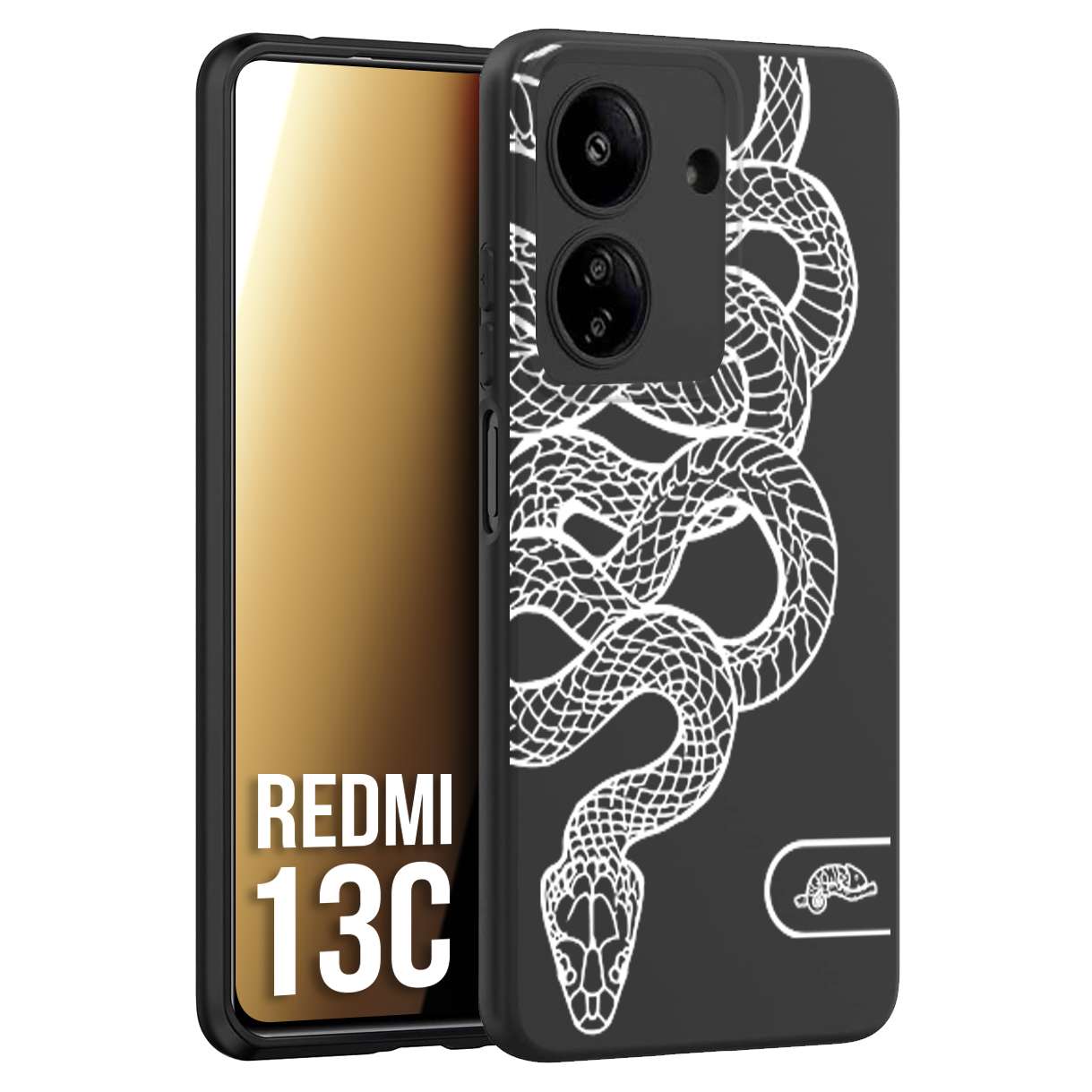 CUSTOMIZZA - Custodia cover nera morbida in tpu compatibile per Xiaomi Redmi 13C serpente snake bianco a rilievo disegnato tattoo tatuaggio