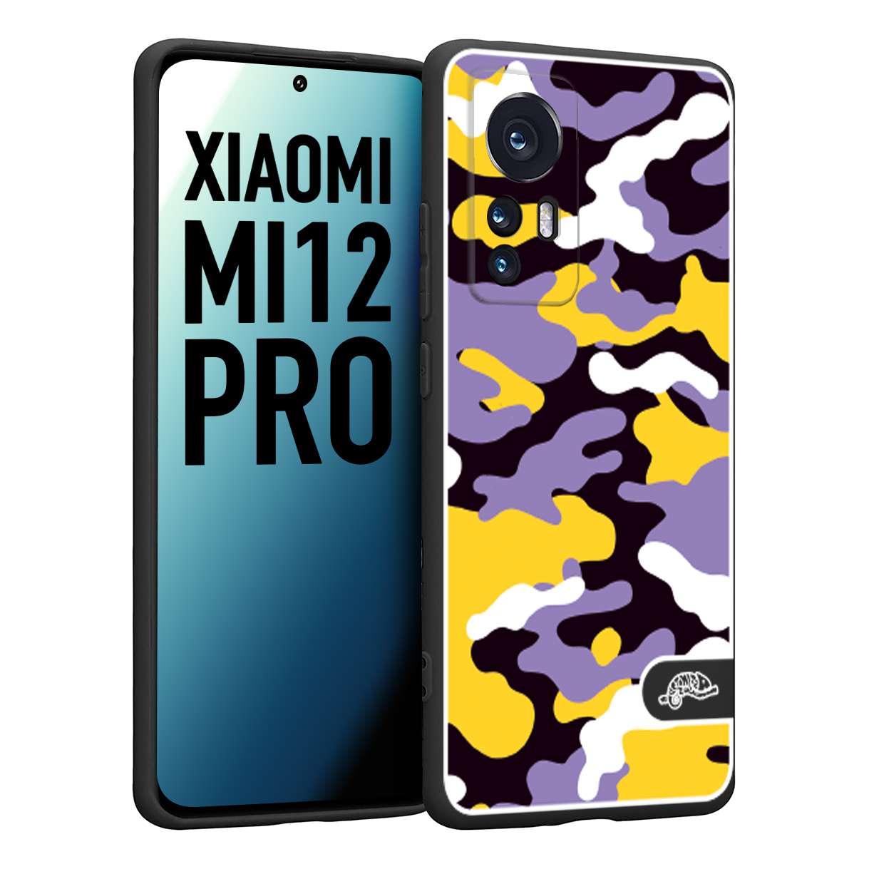 CUSTOMIZZA - Custodia cover nera morbida in tpu compatibile per Xiaomi 12 PRO camouflage mimetico militare viola lilla giallo