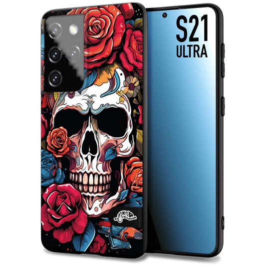 CUSTOMIZZA - Custodia cover nera morbida in tpu compatibile per Samsung S21 ULTRA teschio skull flowers fiori rose rosse tattoo disegnato