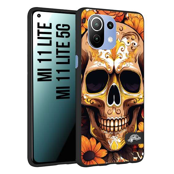 CUSTOMIZZA - Custodia cover nera morbida in tpu compatibile per Xiaomi Mi 11 Lite / Mi 11 Lite 5G teschio messicano colorato dorato fiori tattoo disegnato