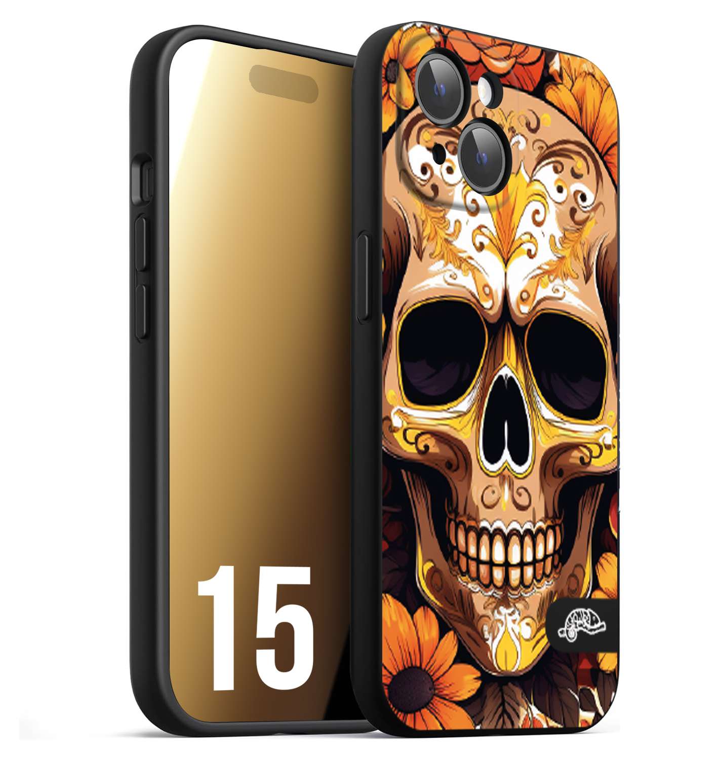 CUSTOMIZZA - Custodia cover nera morbida in tpu compatibile per iPhone 15 teschio messicano colorato dorato fiori tattoo disegnato