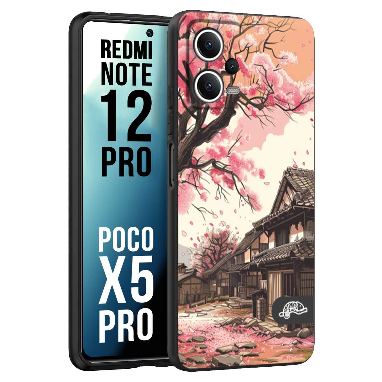 CUSTOMIZZA - Custodia cover nera morbida in tpu compatibile per Xiaomi Redmi Note 12 PRO - POCO X5 PRO casa giapponese rosa ciliegio in fiore disegnata tattoo