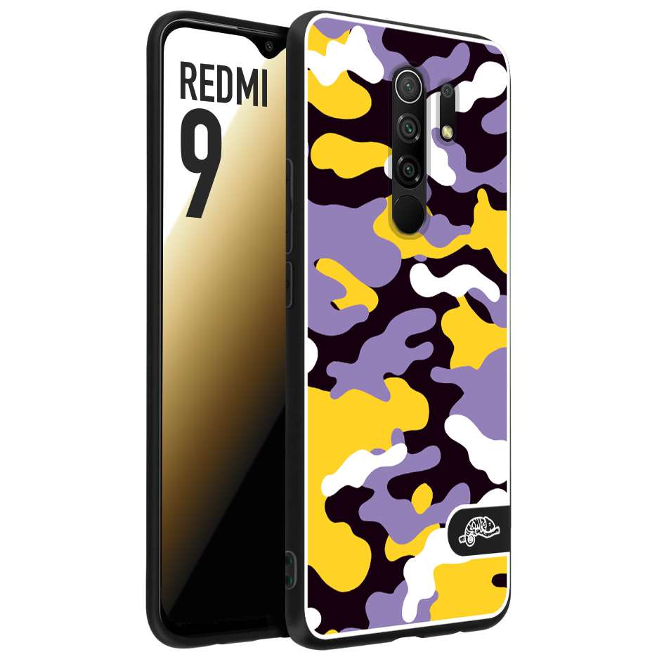 CUSTOMIZZA - Custodia cover nera morbida in tpu compatibile per Xiaomi Redmi 9 camouflage mimetico militare viola lilla giallo