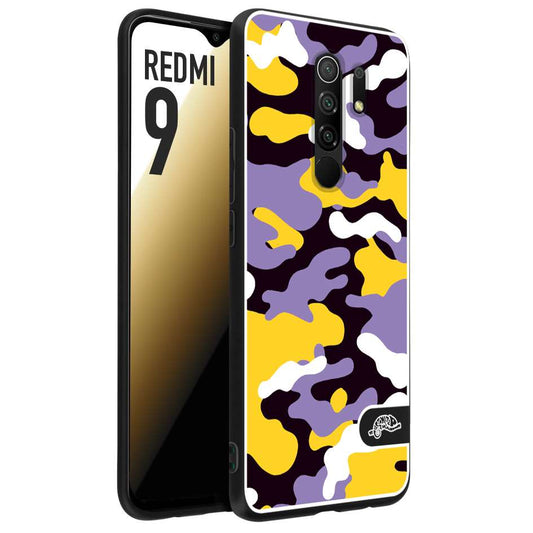 CUSTOMIZZA - Custodia cover nera morbida in tpu compatibile per Xiaomi Redmi 9 camouflage mimetico militare viola lilla giallo