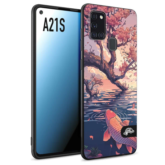 CUSTOMIZZA - Custodia cover nera morbida in tpu compatibile per Samsung A21S giapponese lago carpa koi rosa con foglie d'acero disegnata tattoo