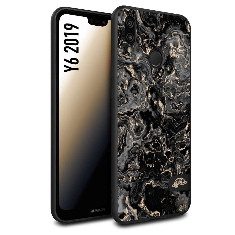 CUSTOMIZZA - Custodia cover nera morbida in tpu compatibile per Huawei Y6 2019 effetto marmo marble nero black venature dorato pietra