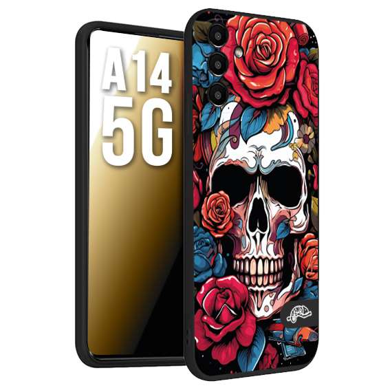 CUSTOMIZZA - Custodia cover nera morbida in tpu compatibile per Samsung A14 5G teschio skull flowers fiori rose rosse tattoo disegnato