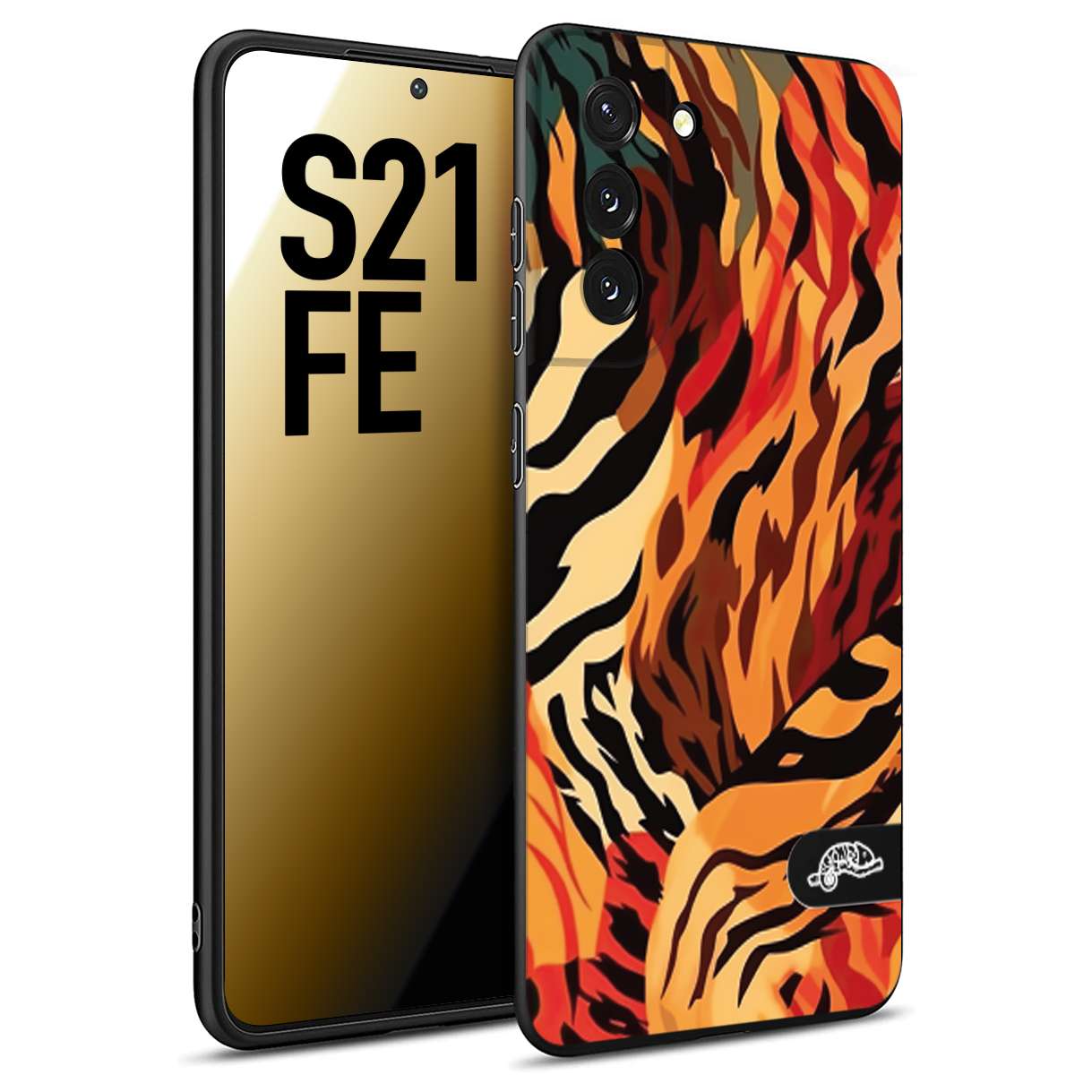 CUSTOMIZZA - Custodia cover nera morbida in tpu compatibile per Samsung S21 FE leopardato maculato tigrato tiger colorata gialla rossa arancio