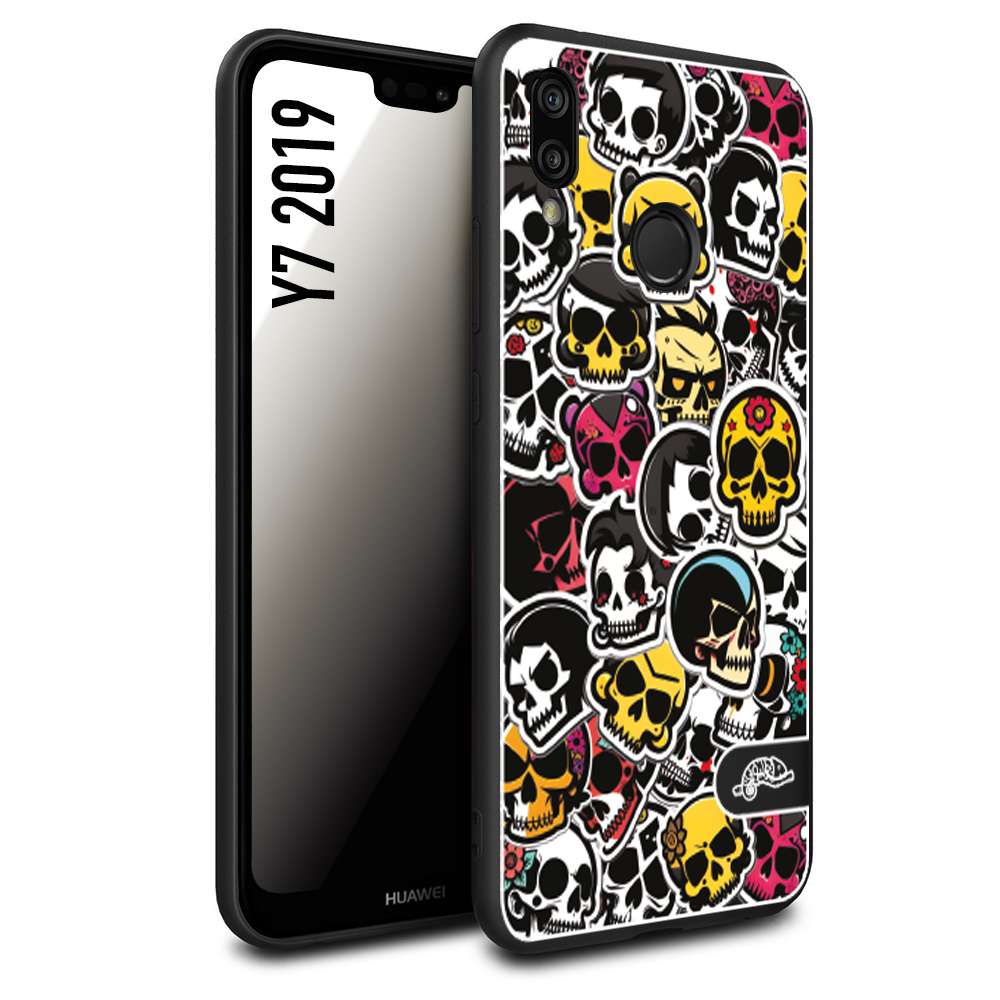 CUSTOMIZZA - Custodia cover nera morbida in tpu compatibile per Huawei Y7 2019 sticker bomb teschi colorati adesivi skulls skater snowboard